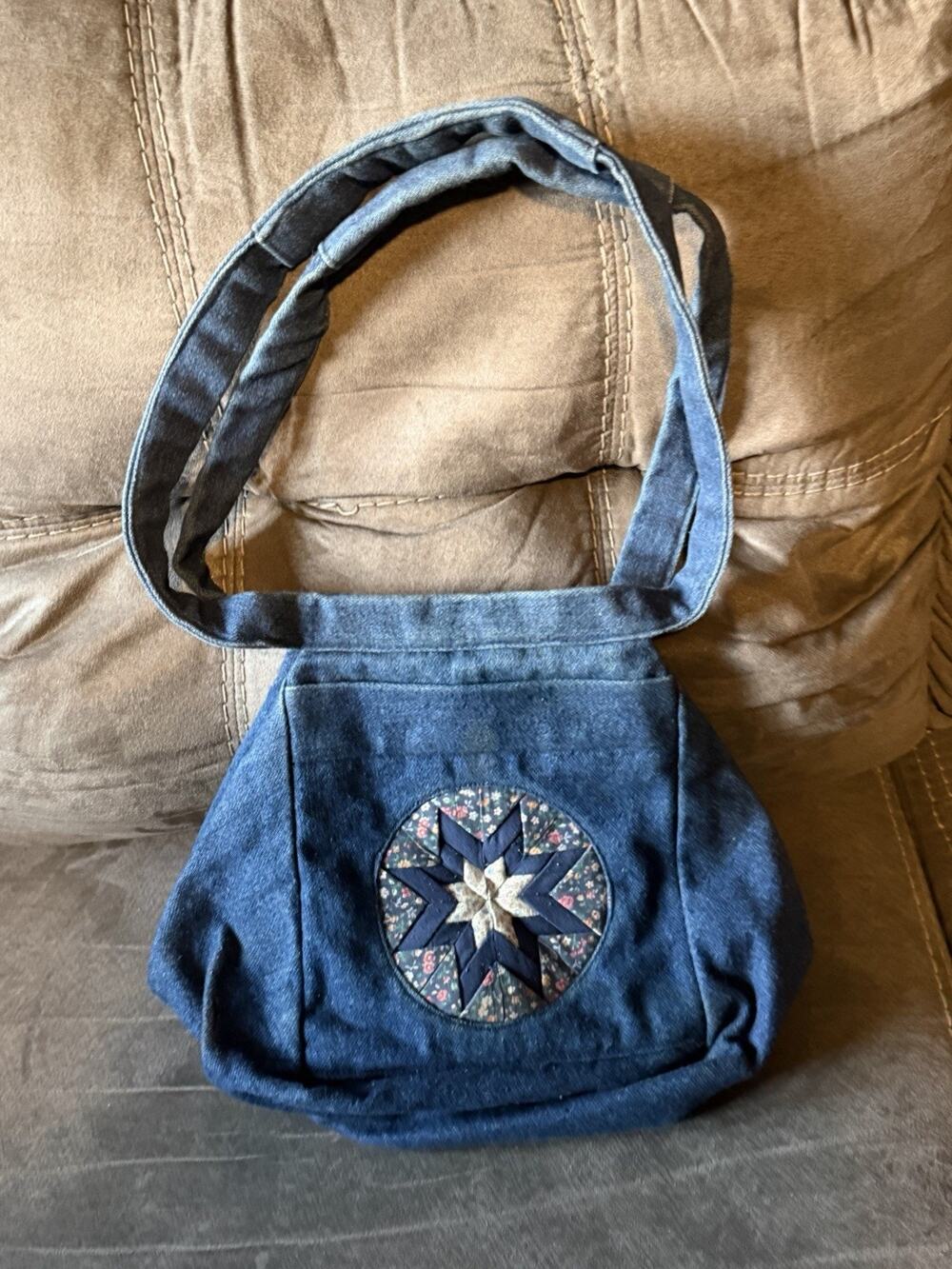Handmade Denim Crossbody Shoulder Purse Folded Star Patchwork Floral Calico OOAK